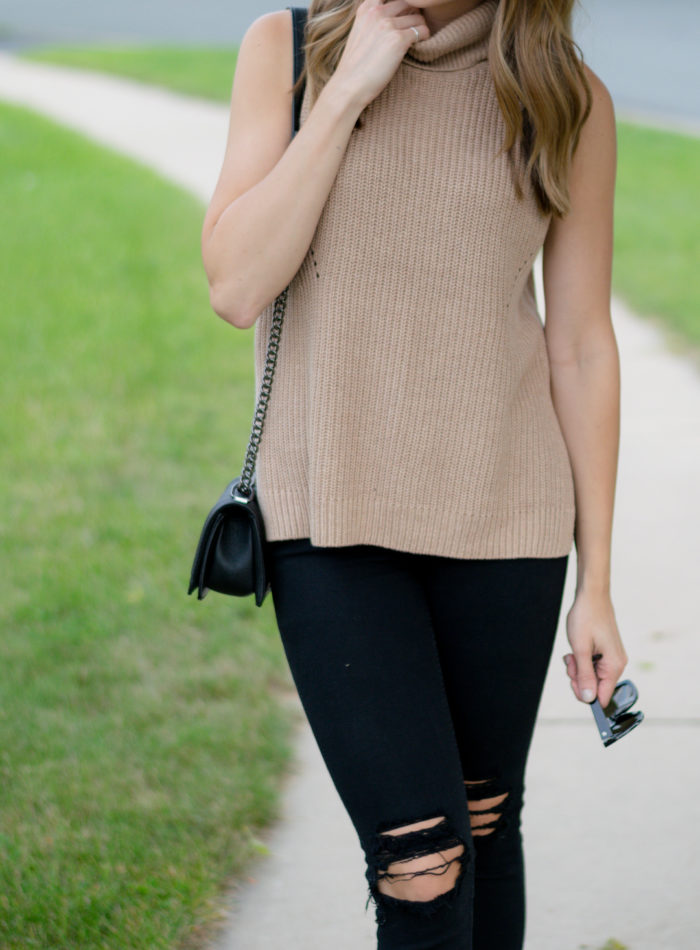 Sleeveless Cowl Neck Top, Sleeveless Turtleneck, Turtleneck Tank, Outfit, Summer to fall transition outfit, black ripped jeans