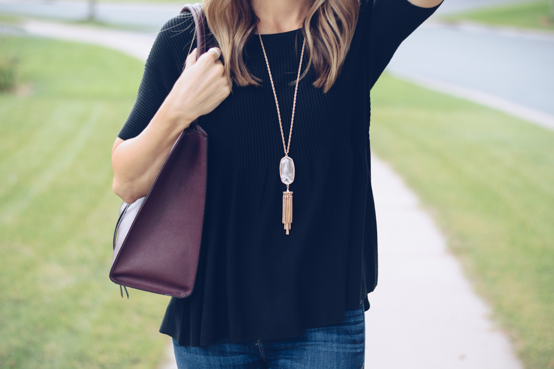 bp rose gold mirrored sunglasses, loft black peplum top, rocksbox kendra scott rayne necklace, rebecca minkoff medium mab tote