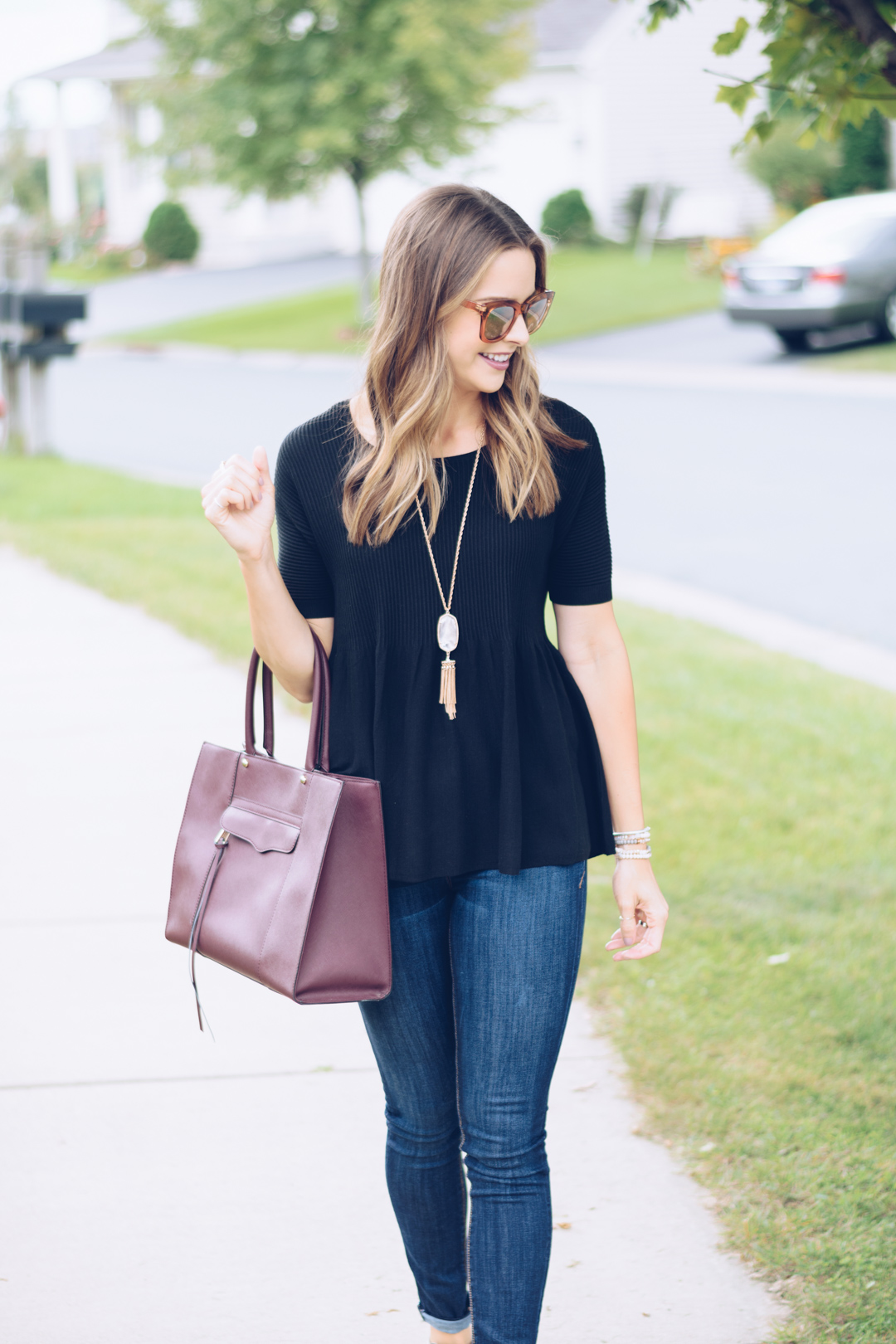 loft black peplum top, rocksbox kendra scott rayne necklace, rebecca minkoff medium mab tote