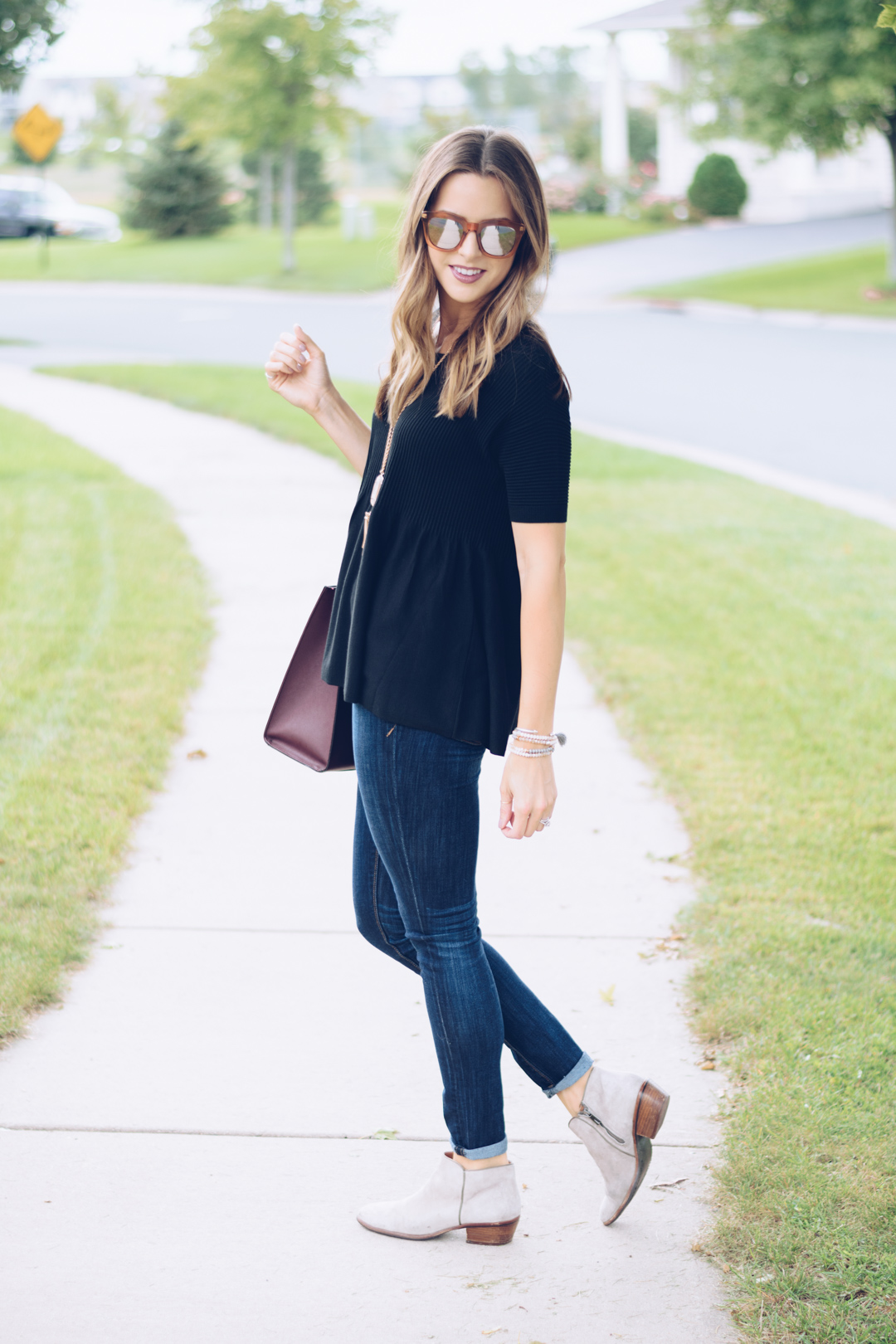 loft black peplum top, rocksbox kendra scott rayne necklace, rebecca minkoff medium mab tote, sam edelman petty booties putty