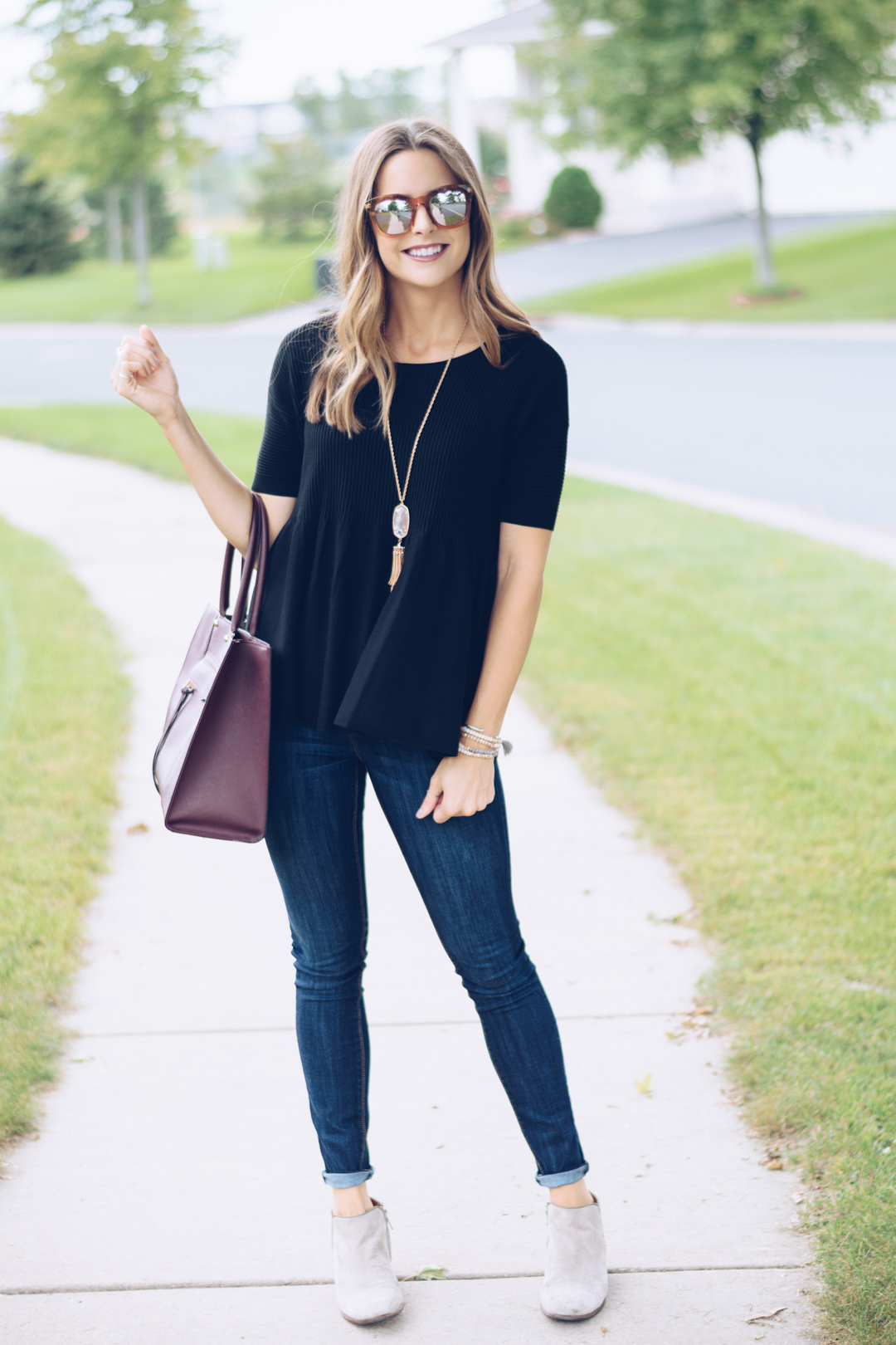 loft black peplum top, rocksbox kendra scott rayne necklace, rebecca minkoff medium mab tote