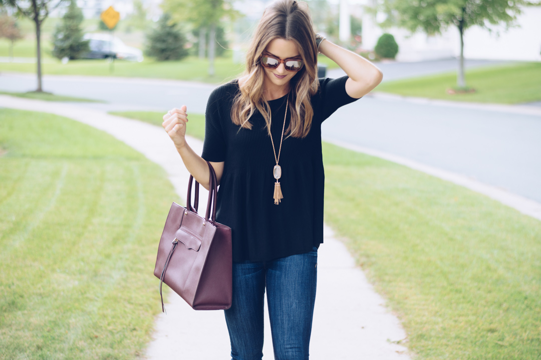 loft black peplum top, rocksbox kendra scott rayne necklace, rebecca minkoff medium mab tote