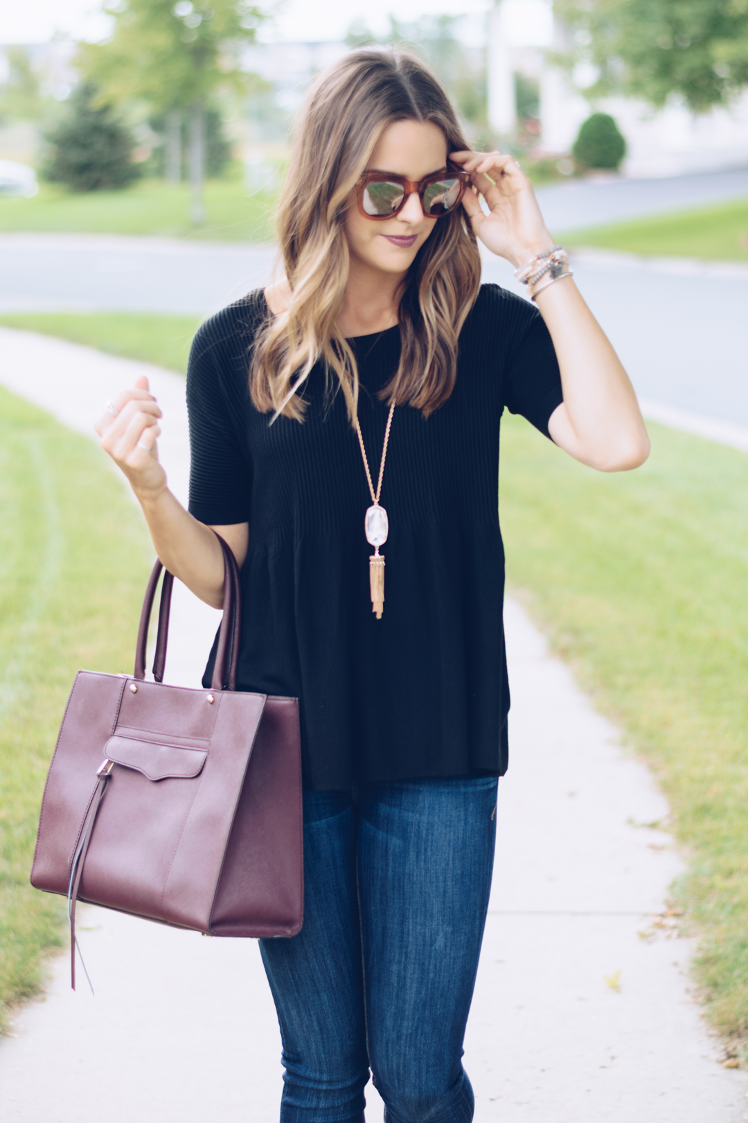 loft black peplum top, rocksbox kendra scott rayne necklace, rebecca minkoff medium mab tote