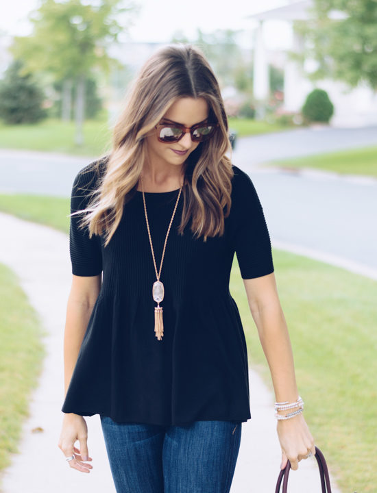 loft black peplum top, rocksbox kendra scott rayne necklace, rebecca minkoff medium mab tote