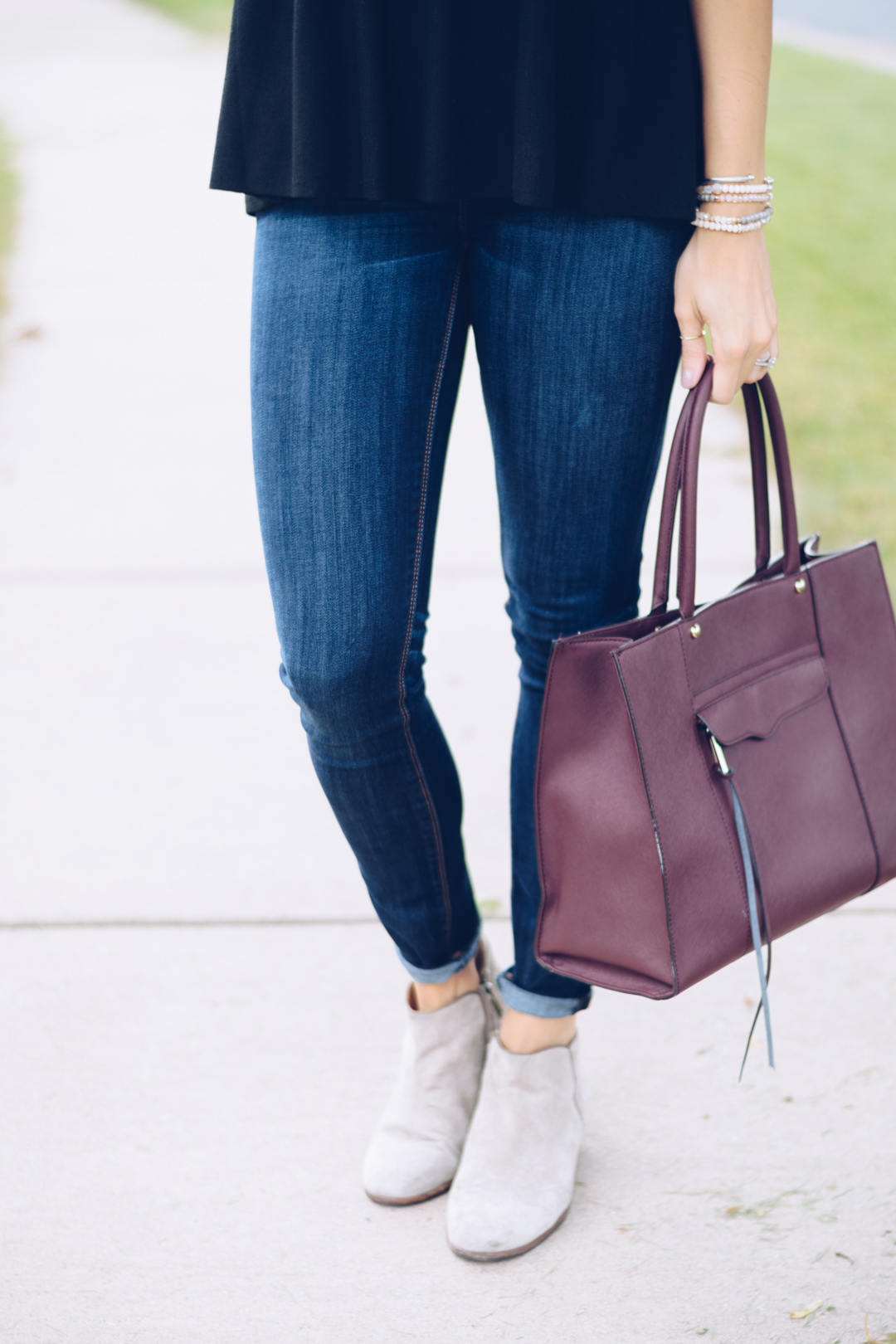 loft black peplum top, rocksbox kendra scott rayne necklace, rebecca minkoff medium mab tote, sam edelman petty boots in putty