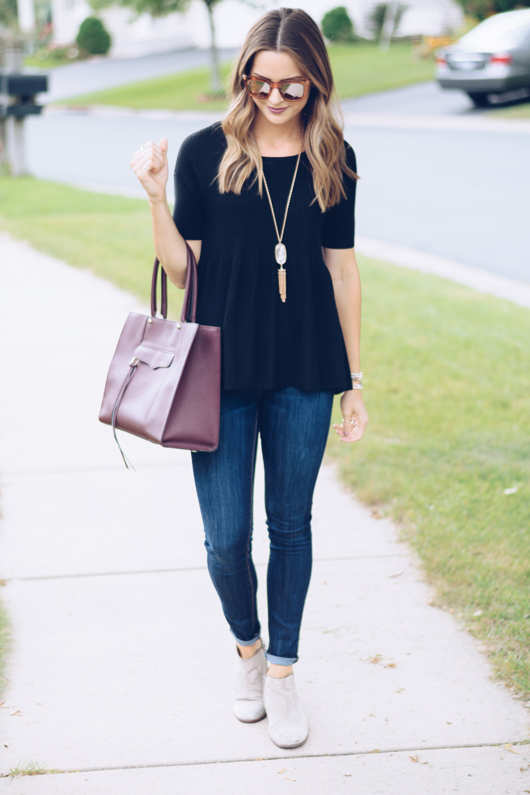 bp rose gold mirrored sunglasses, loft black peplum top, rocksbox kendra scott rayne necklace, rebecca minkoff medium mab tote