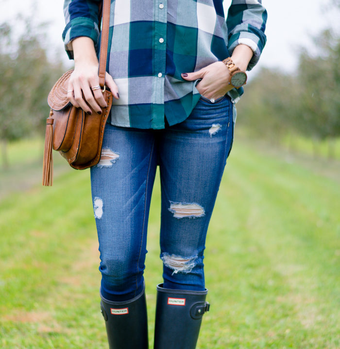 apple orchard outfit, plaid shirt outfit women, black hunter boots outfit, flannel shirt outfit women, fall outfits for women, pumpkin patch look