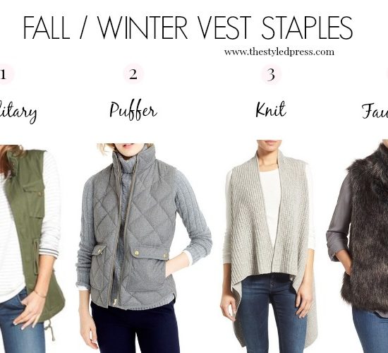 fall winter vest wardrobe staples, vest closet staples, vest outfit, puffer vest, utility vest, knit vest, faux fur vest, how to style vests