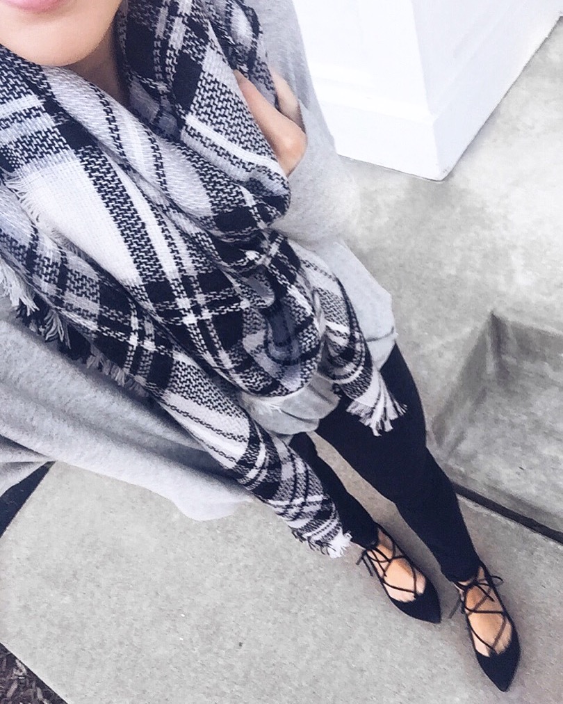 mod cloth black and white plaid blanket scarf, neutral outfit, black and gray outfit