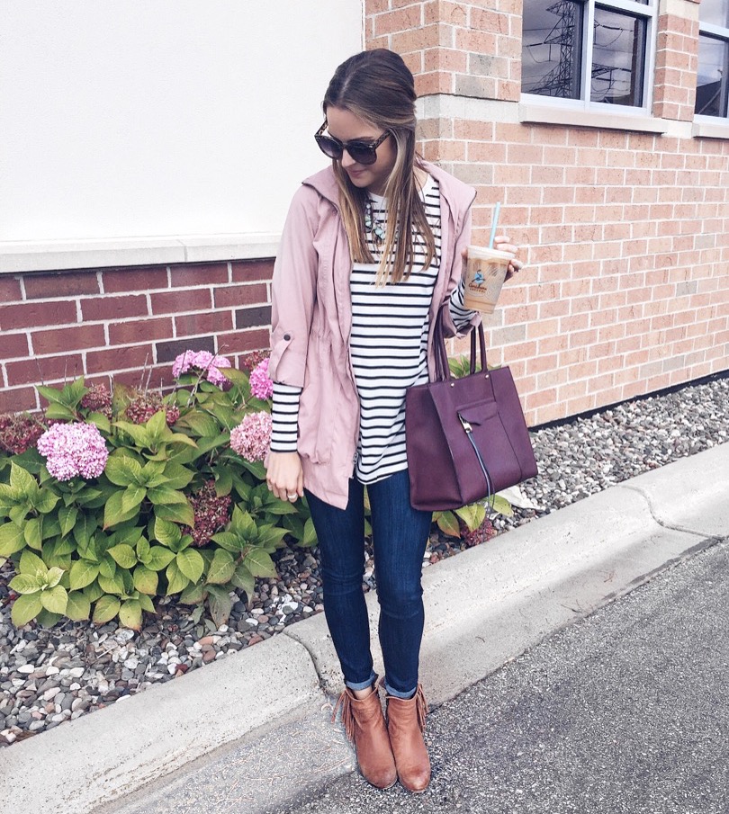 stripe tee fall outfit, blush anorak