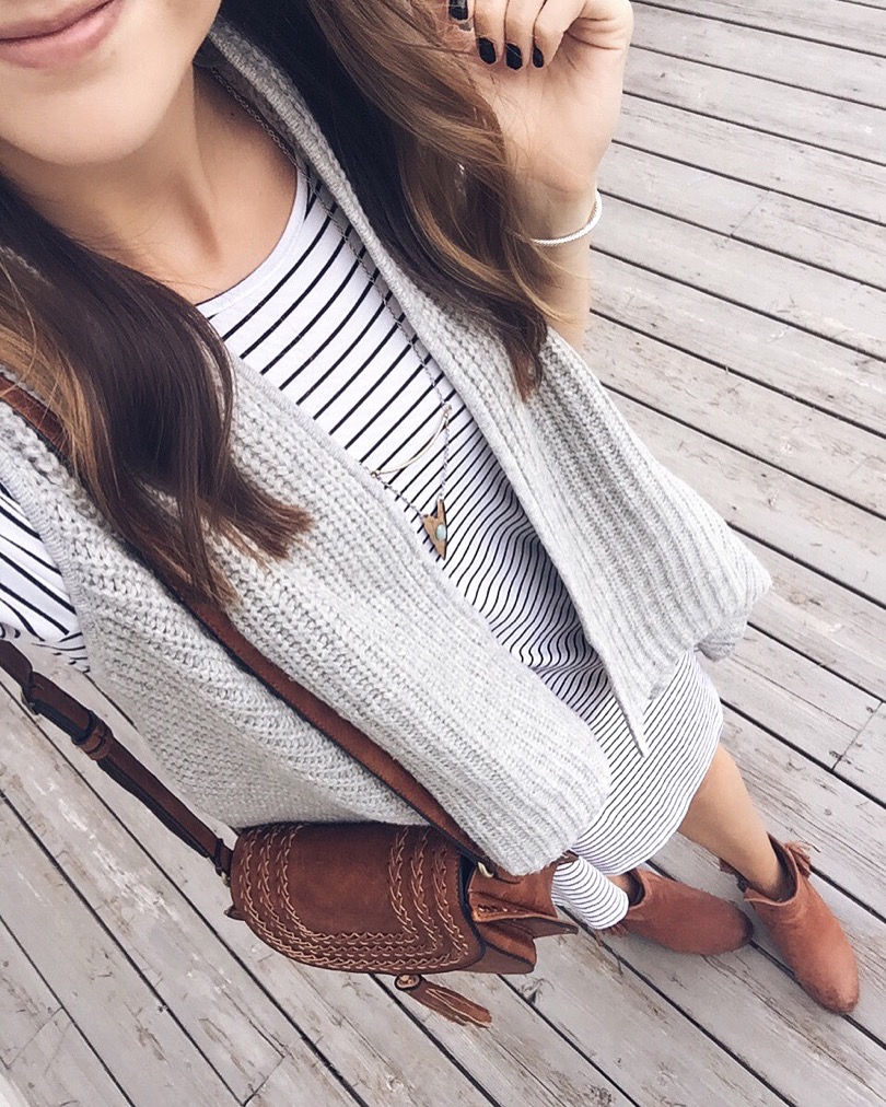 leith knit open front vest, stripe t-shirt dress outfit