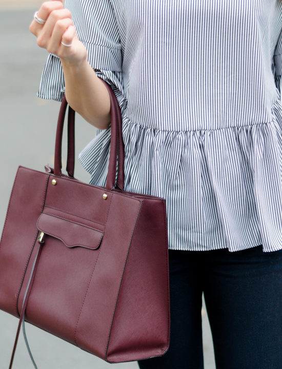 shein black vertical striped lattice-back ruffle high low top, striped peplum, maroon tote bag, fall 2016 outfit, rebecca minkoff medium mab tote black cherry port