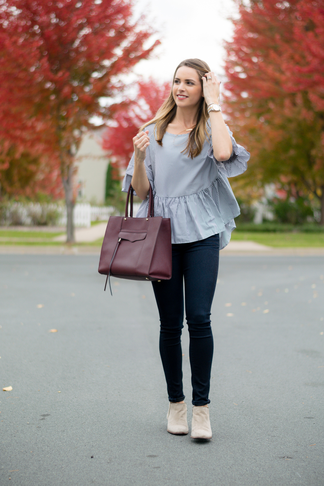 shein black vertical striped lattice-back ruffle high low top, striped peplum, maroon tote bag, fall 2016 outfit