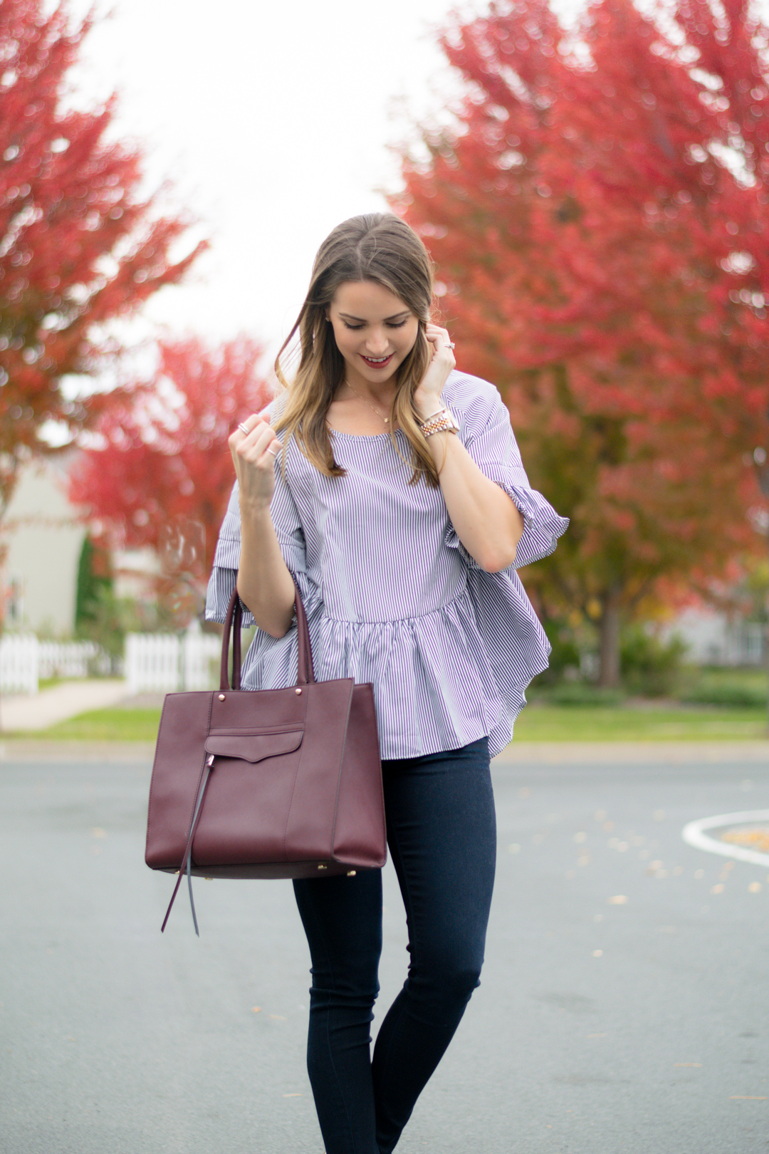 shein black vertical striped lattice-back ruffle high low top, striped peplum, maroon tote bag, fall 2016 outfit