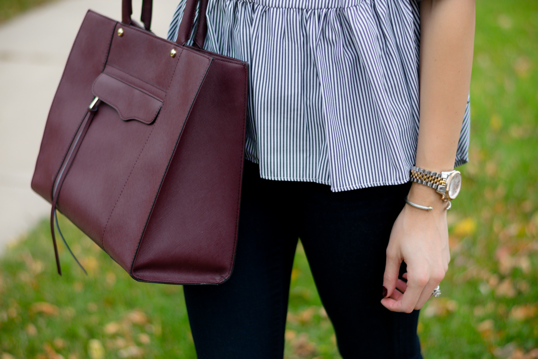 shein black vertical striped lattice-back ruffle high low top, striped peplum, maroon tote bag, fall 2016 outfit