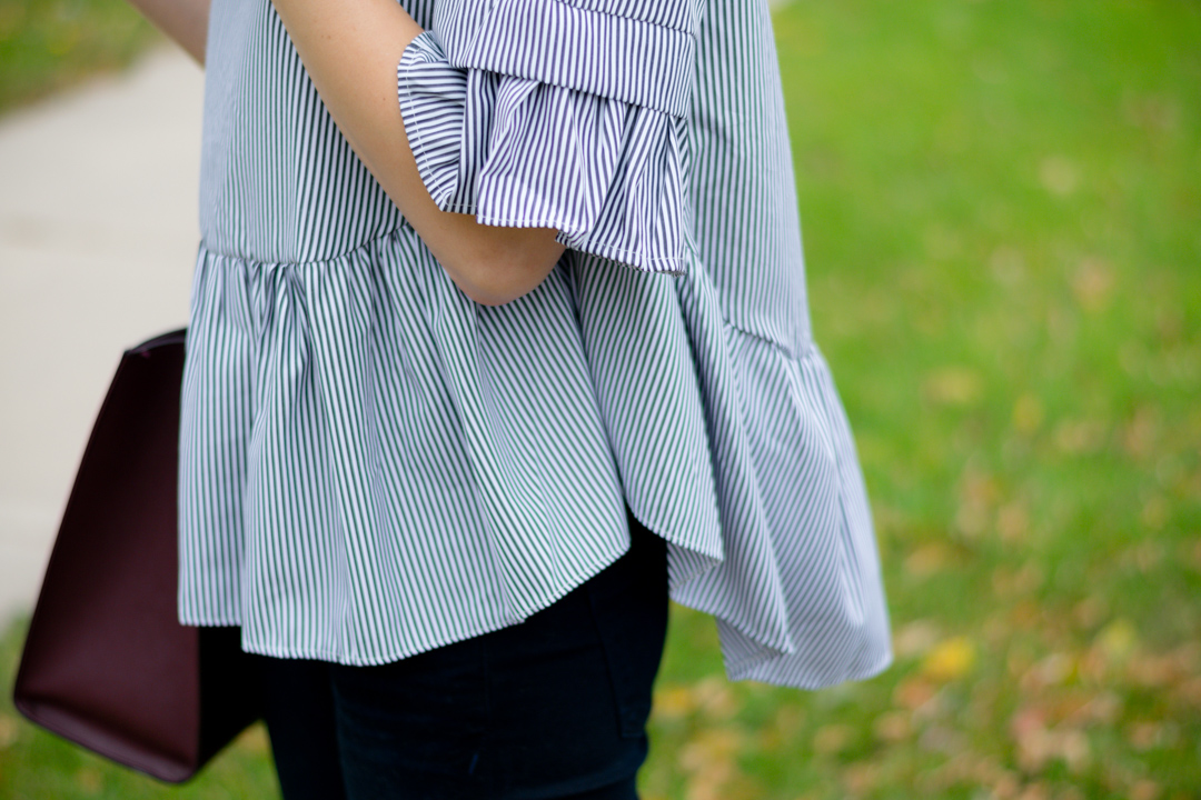 shein black vertical striped lattice-back ruffle high low top, striped peplum, maroon tote bag, fall 2016 outfit