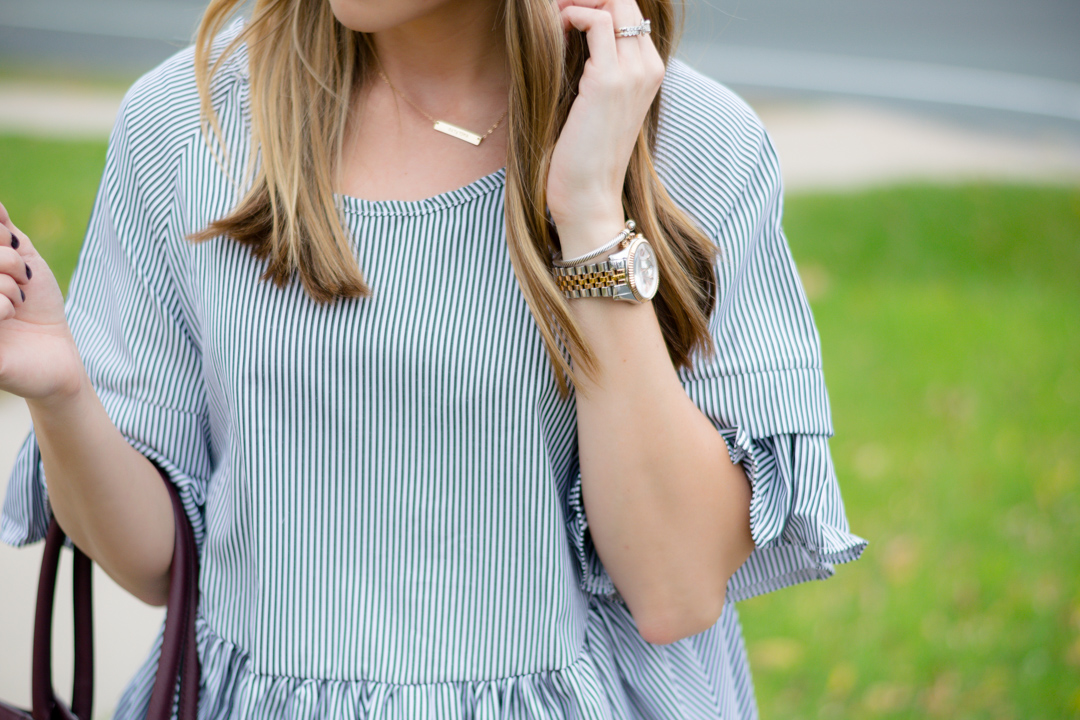 shein black vertical striped lattice-back ruffle high low top, striped peplum, maroon tote bag, fall 2016 outfit, easy gold bar custom necklace