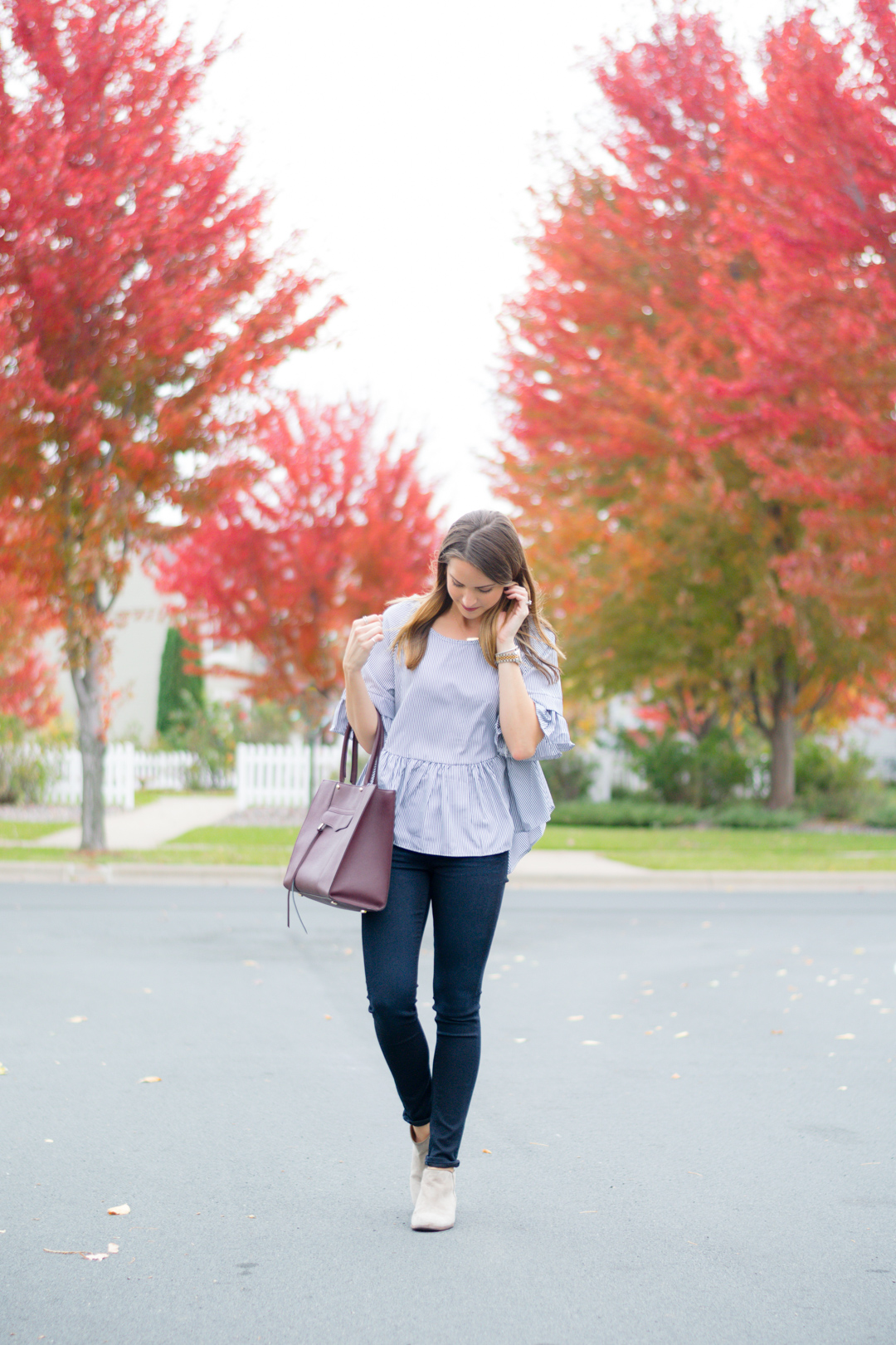 shein black vertical striped lattice-back ruffle high low top, striped peplum, maroon tote bag, fall 2016 outfit