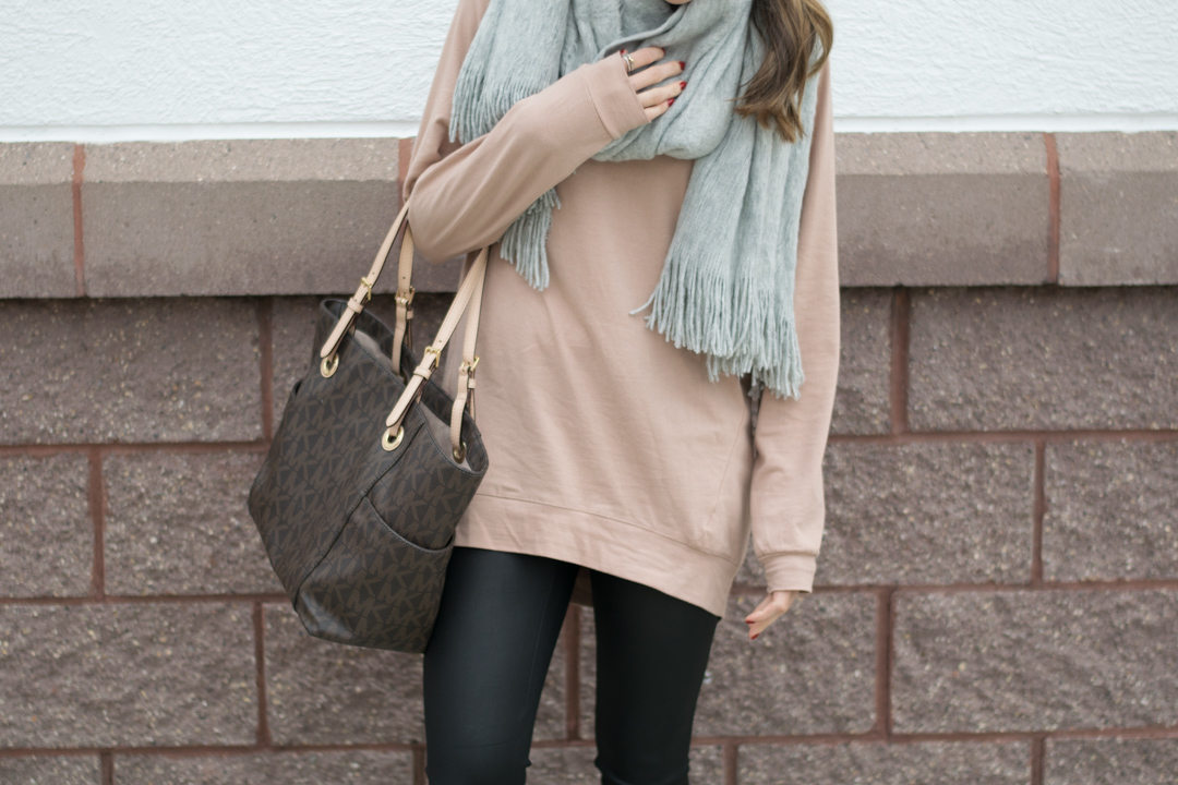 shop the mint slouchy dolman tunic warm taupe, casual weekend outfit, leather leggings outfit, gray scarf outfit, white converse outfit
