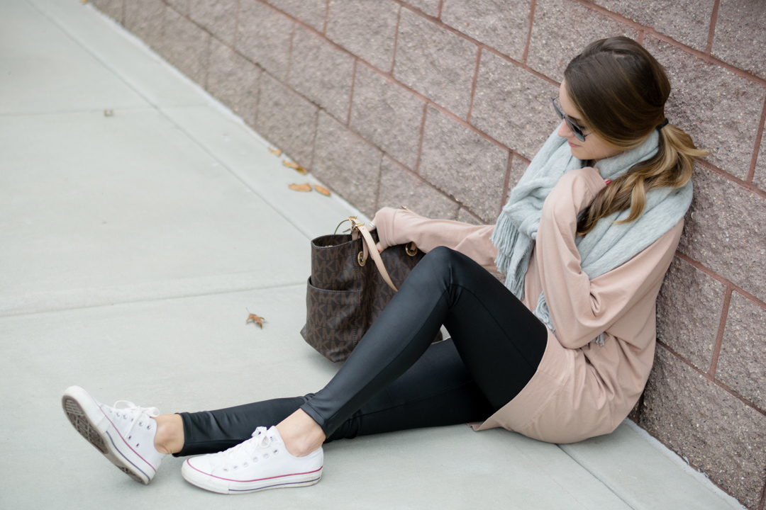 shop the mint slouchy dolman tunic warm taupe, casual weekend outfit, leather leggings outfit, gray scarf outfit, white converse outfit