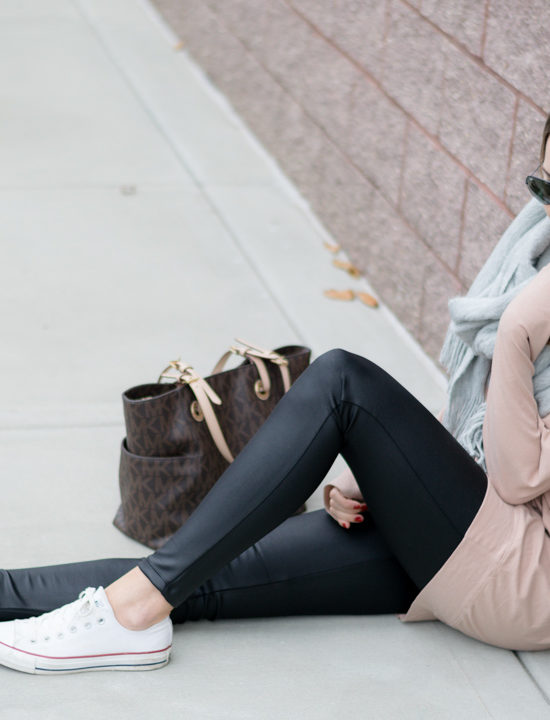 shop the mint slouchy dolman tunic warm taupe, casual weekend outfit, leather leggings outfit, gray scarf outfit, white converse outfit