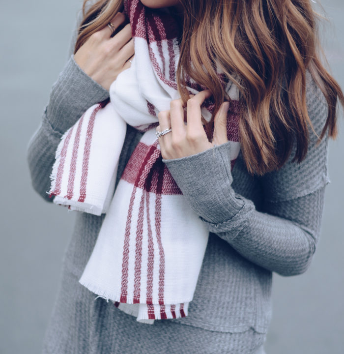 ilymix wine plaid tartan scarf, maroon blanket scarf, burgundy plaid scarf, womens long sleeve gray henley, affordable fall outfit