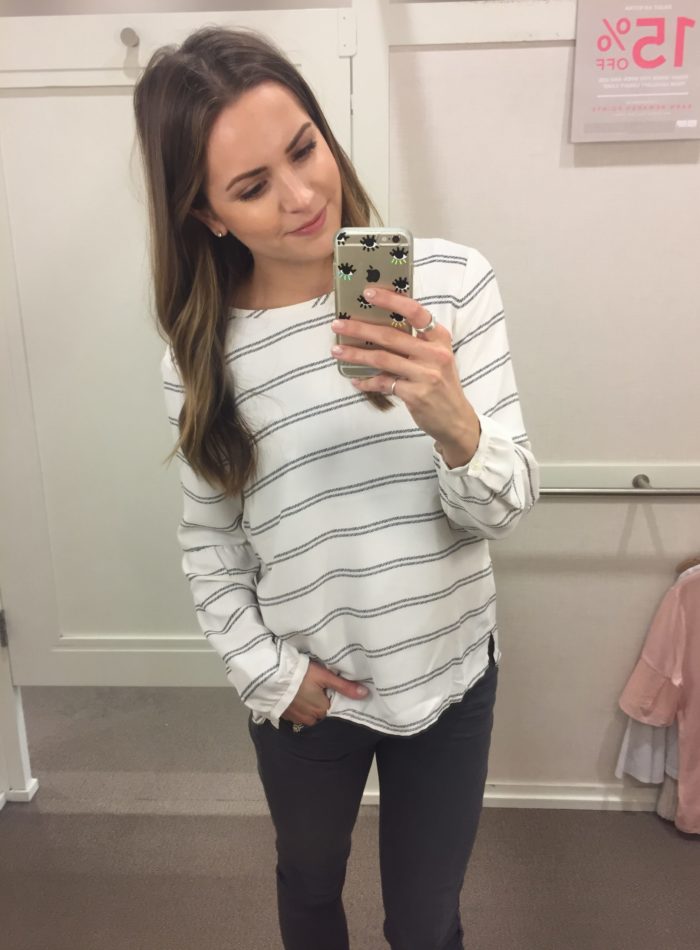 loft striped lantern sleeve blouse, striped top outfit 2016