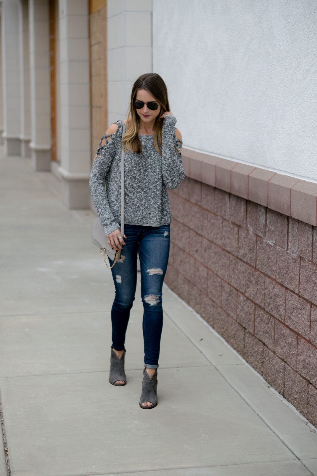 express lace up cold shoulder sweater, gray sweater outfit, peep toe booties, open toe booties, casual fall weekend outfit