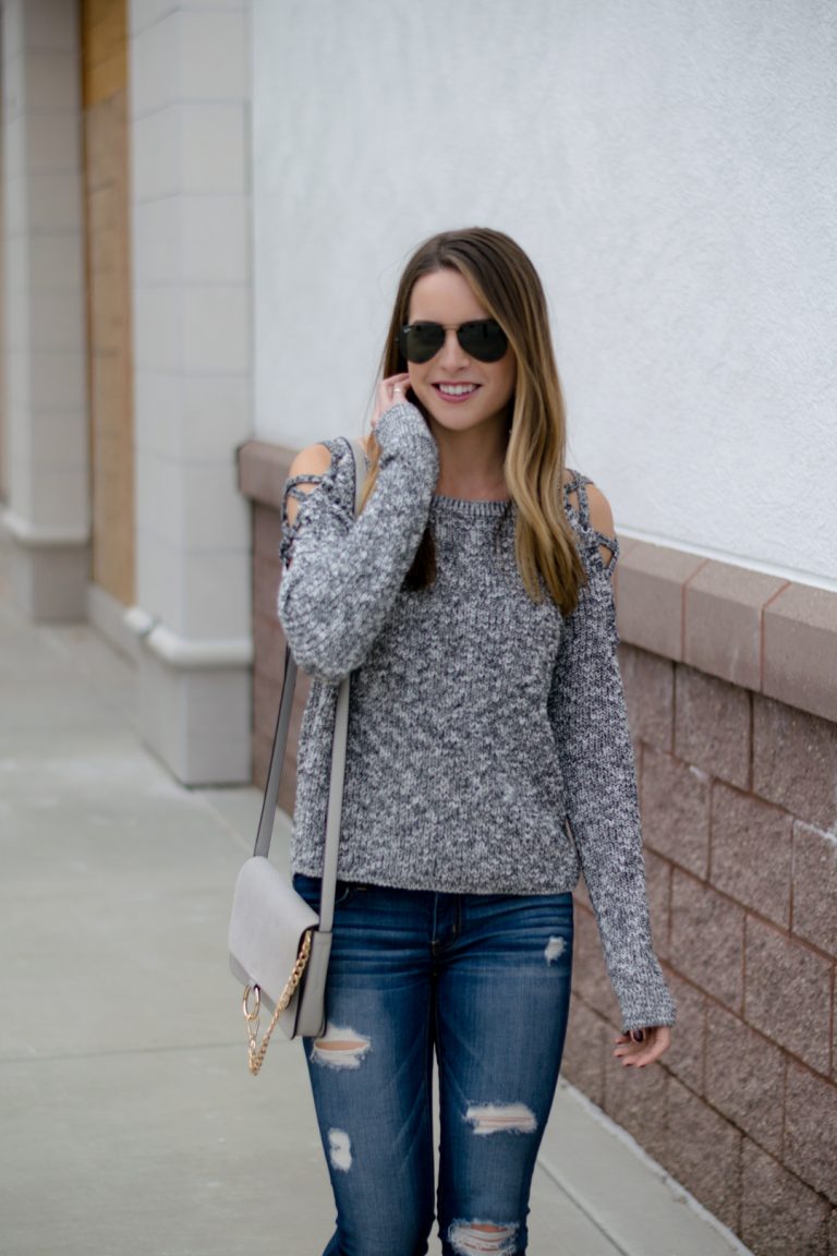 Lace-Up Cold Shoulder Sweater - The Styled Press