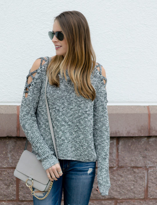 express lace up cold shoulder sweater, gray sweater outfit, peep toe booties, open toe booties, casual fall weekend outfit