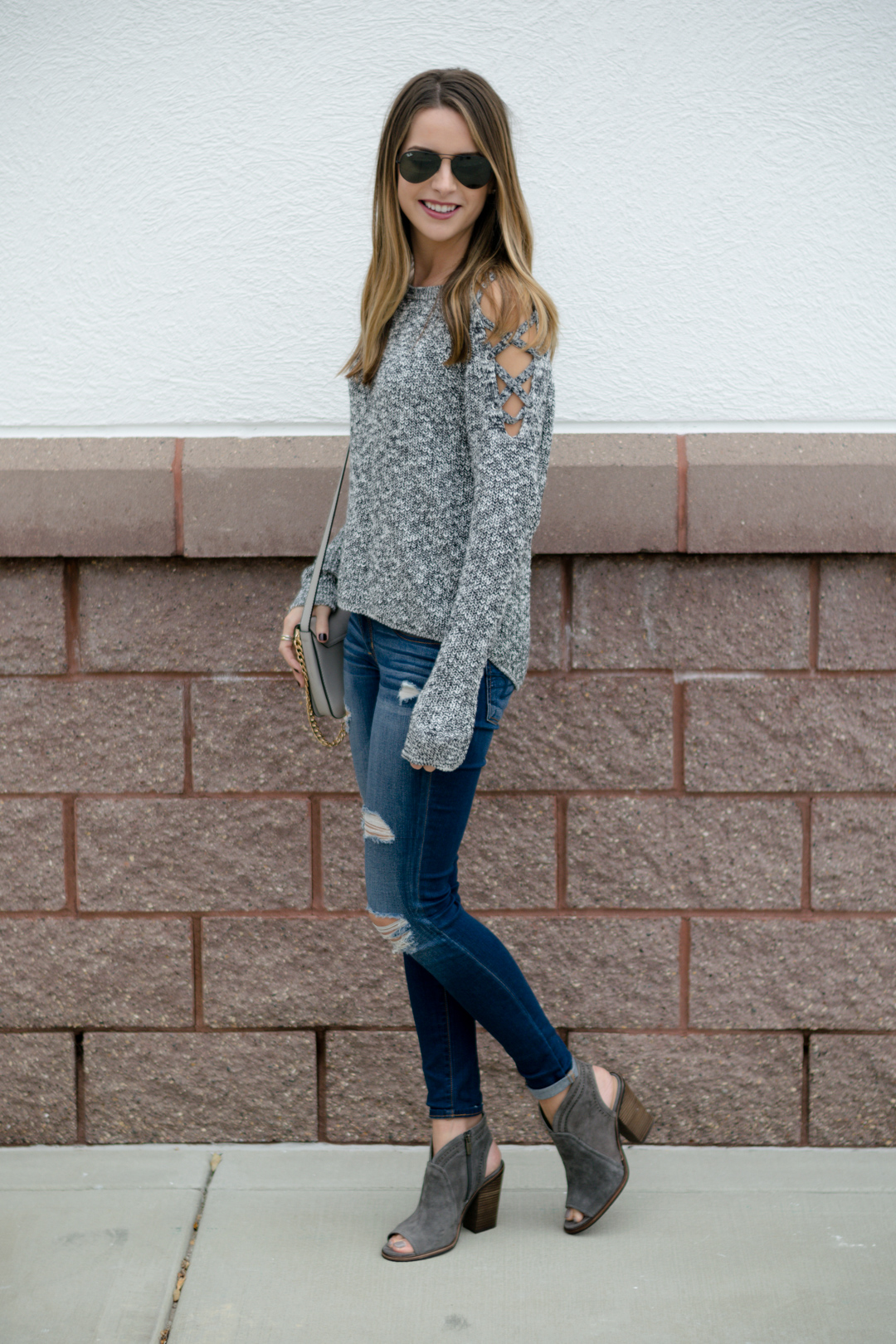 express lace up cold shoulder sweater, gray sweater outfit, peep toe booties, open toe booties, casual fall weekend outfit