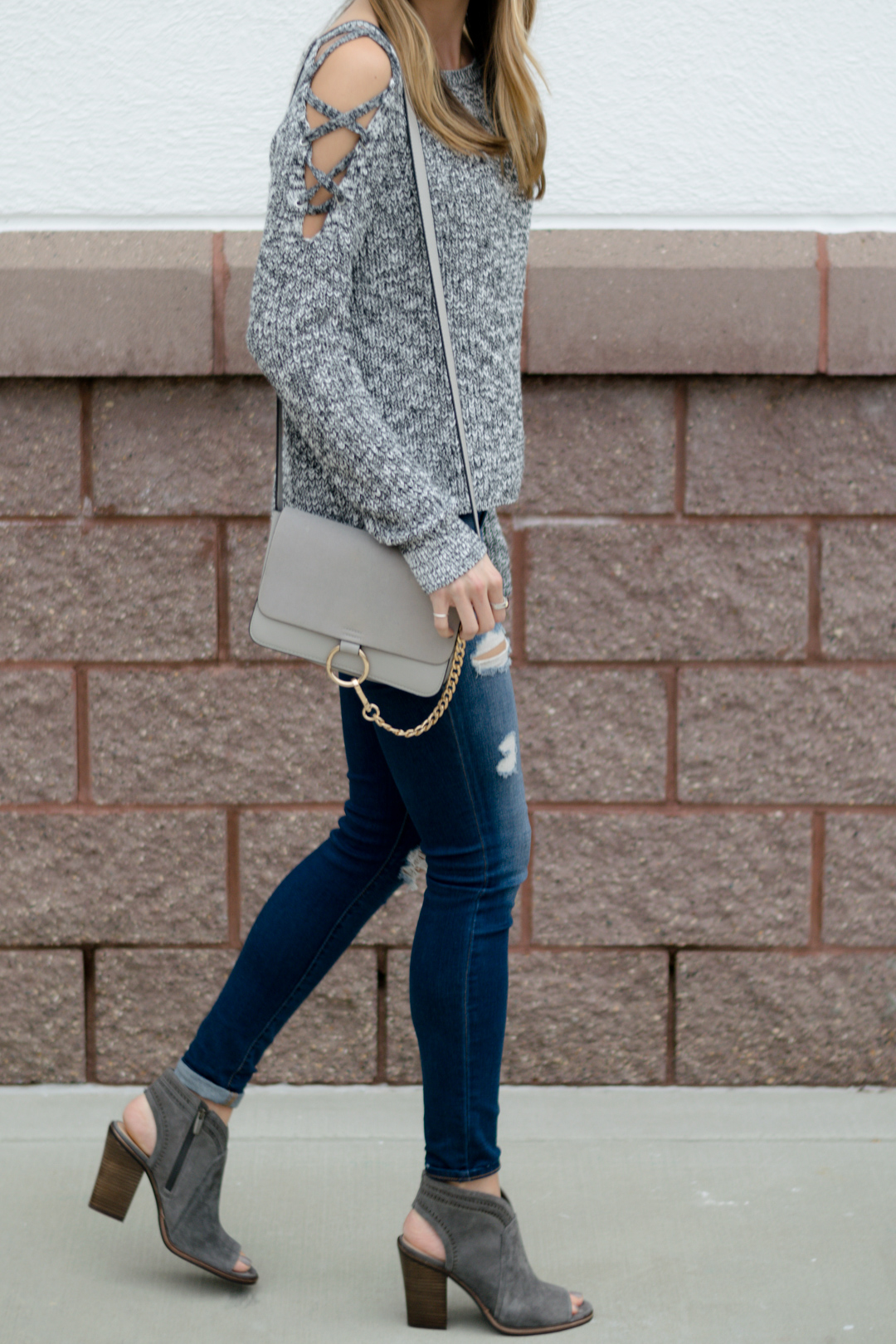 express lace up cold shoulder sweater, gray sweater outfit, peep toe booties, open toe booties, casual fall weekend outfit