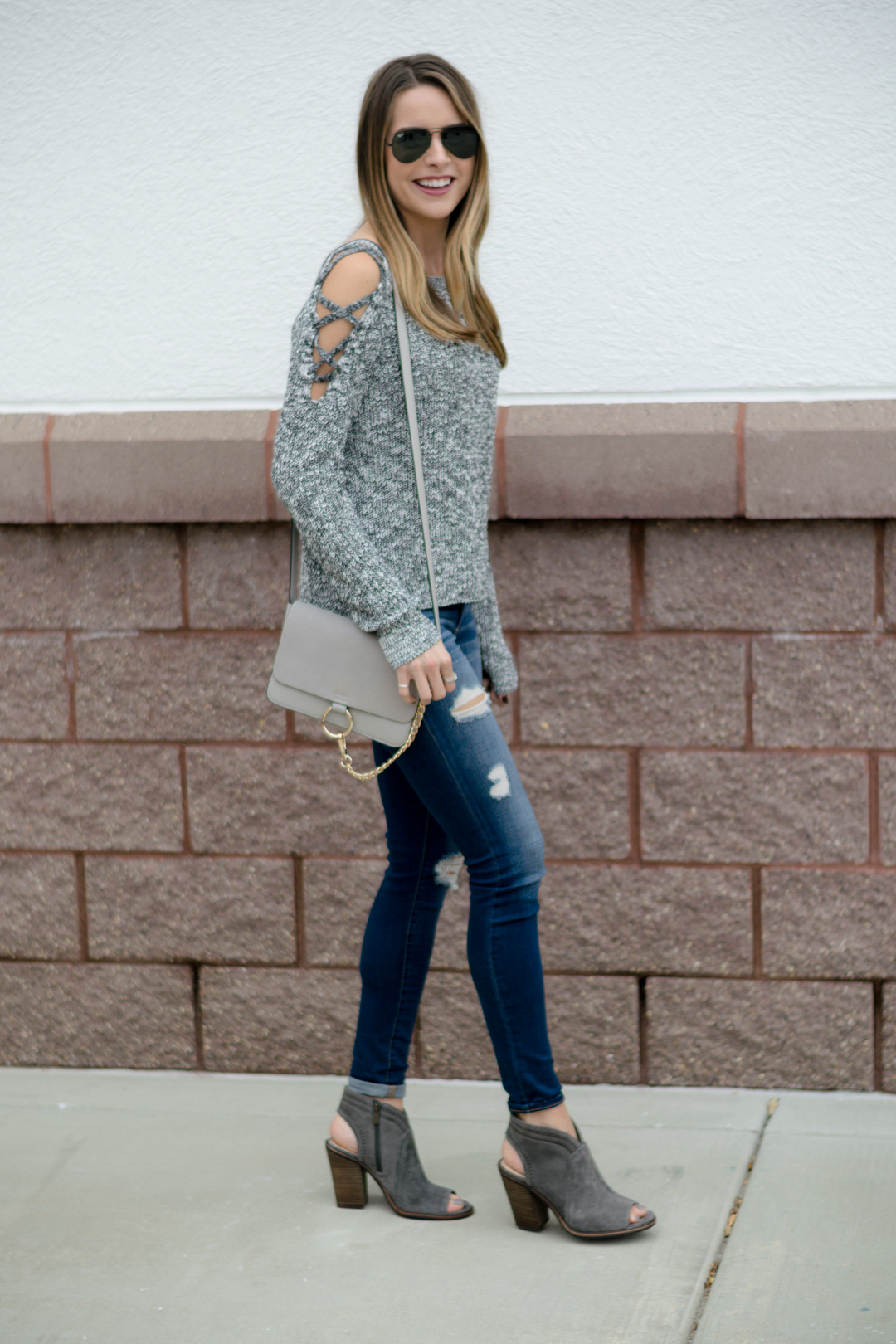 express lace up cold shoulder sweater, gray sweater outfit, peep toe booties, open toe booties, casual fall weekend outfit