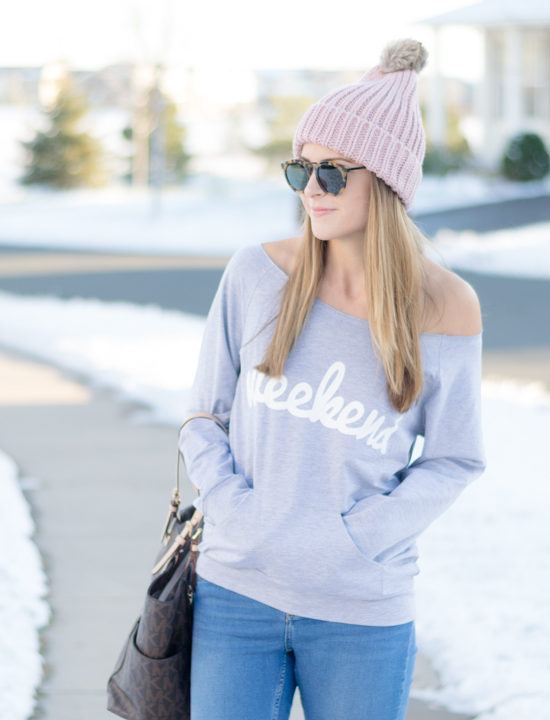 off the shoulder weekend sweatshirt, shein, old navy blush beanie, faux fur pom beanie, shop ditto karen walker tortoise sunglasses