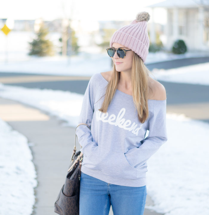 off the shoulder weekend sweatshirt, shein, old navy blush beanie, faux fur pom beanie, shop ditto karen walker tortoise sunglasses