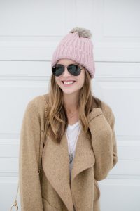 shein khaki sweater jacket, blush pom beanie, hunter boots, rocksbox, winter outfit