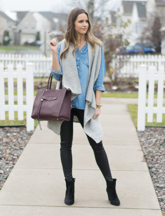 leather leggings outfit, chambray outfit, winter fashion, sweater vest, minneapolis blogger