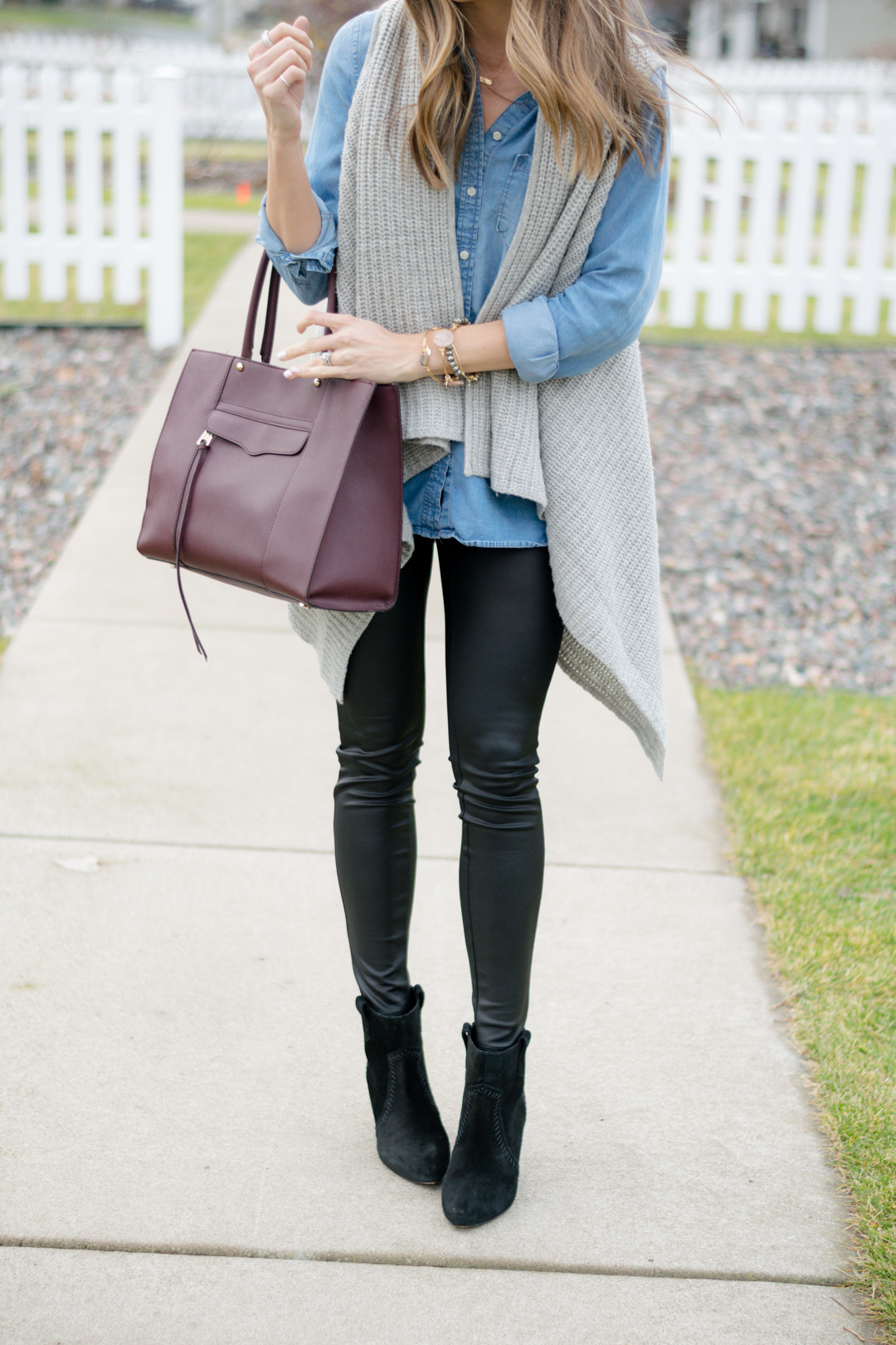 leather leggings outfit, chambray outfit, winter fashion, sweater vest, minneapolis blogger
