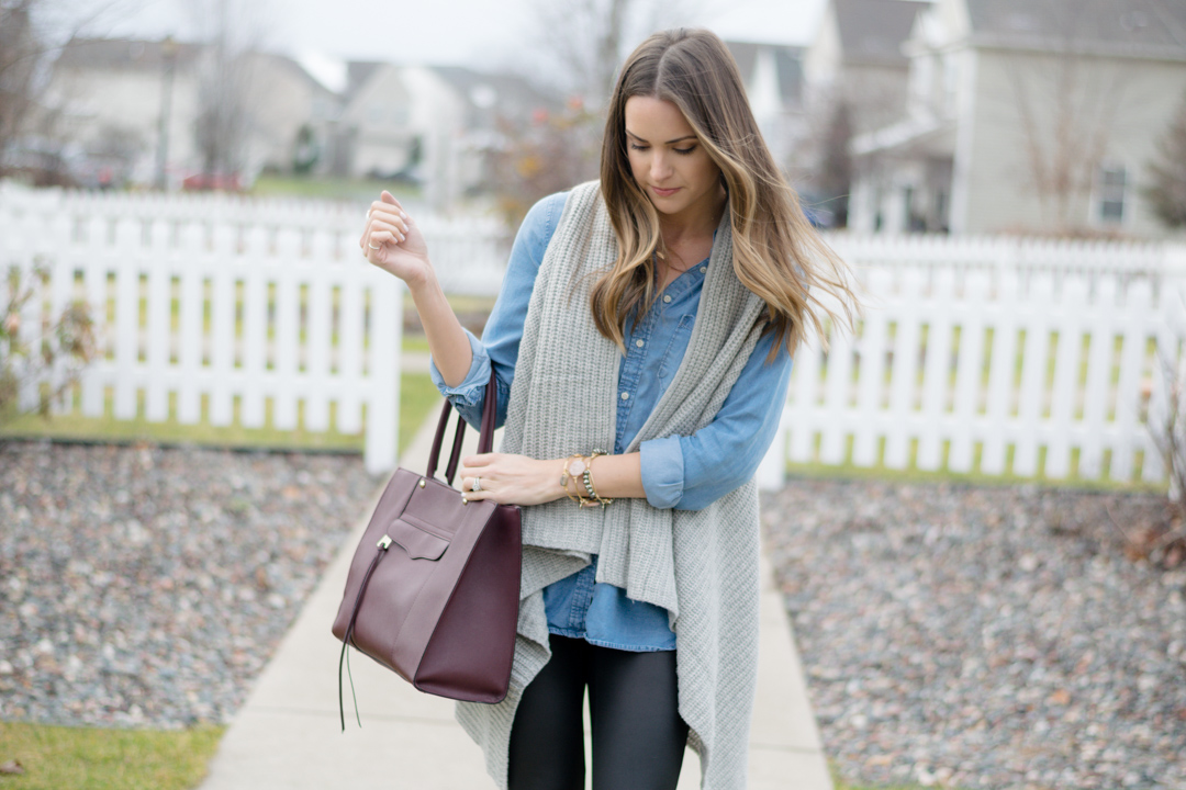 leather leggings outfit, chambray outfit, winter fashion, sweater vest, minneapolis blogger
