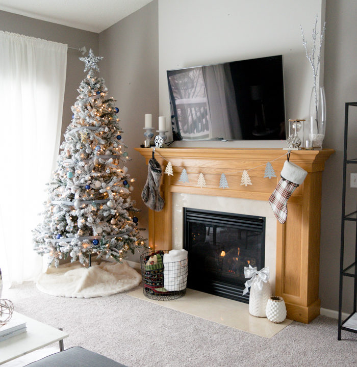 neutral christmas decor, flocked christmas tree, walmart