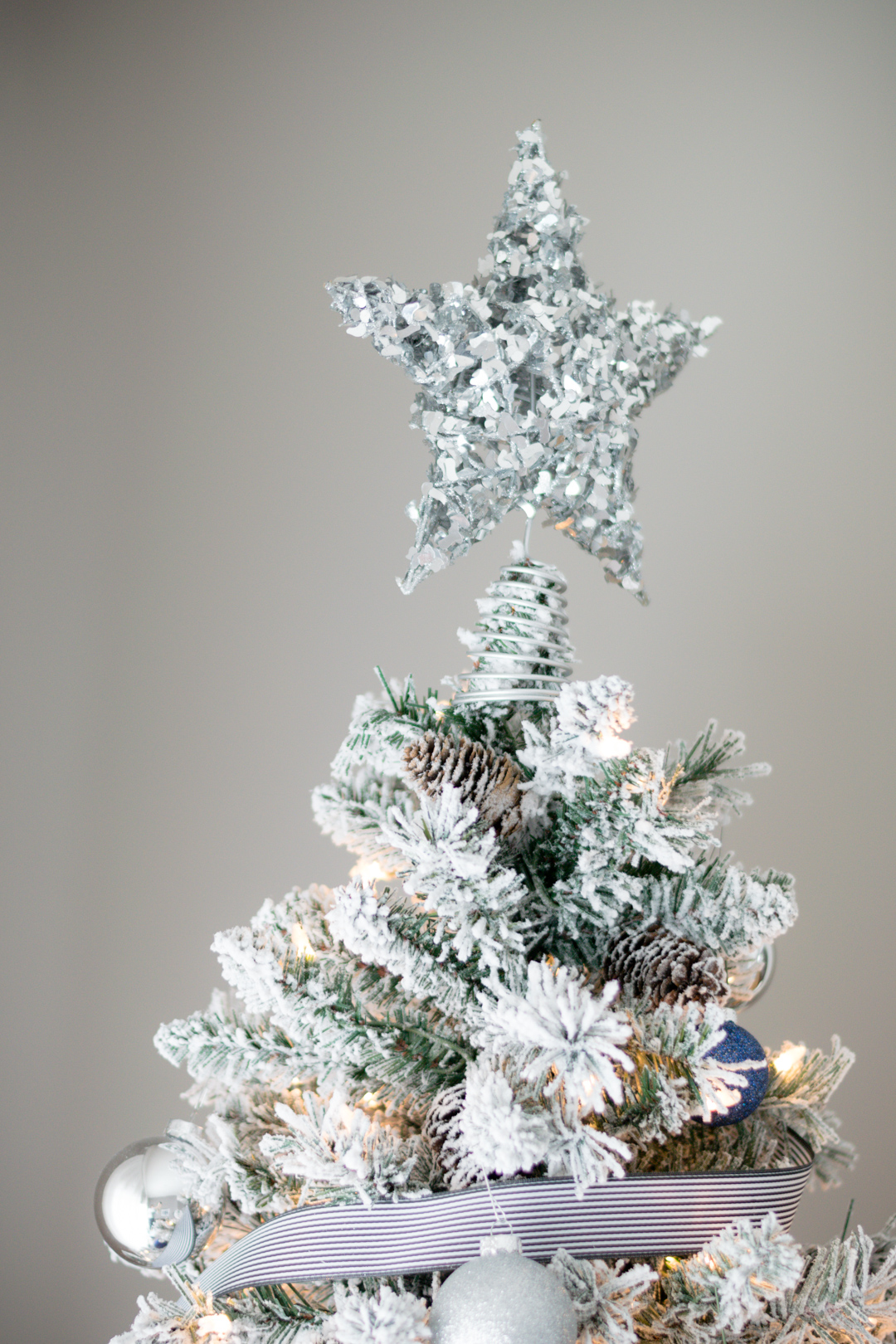 christmas tree star topper, flocked christmas tree, neutral christmas tree