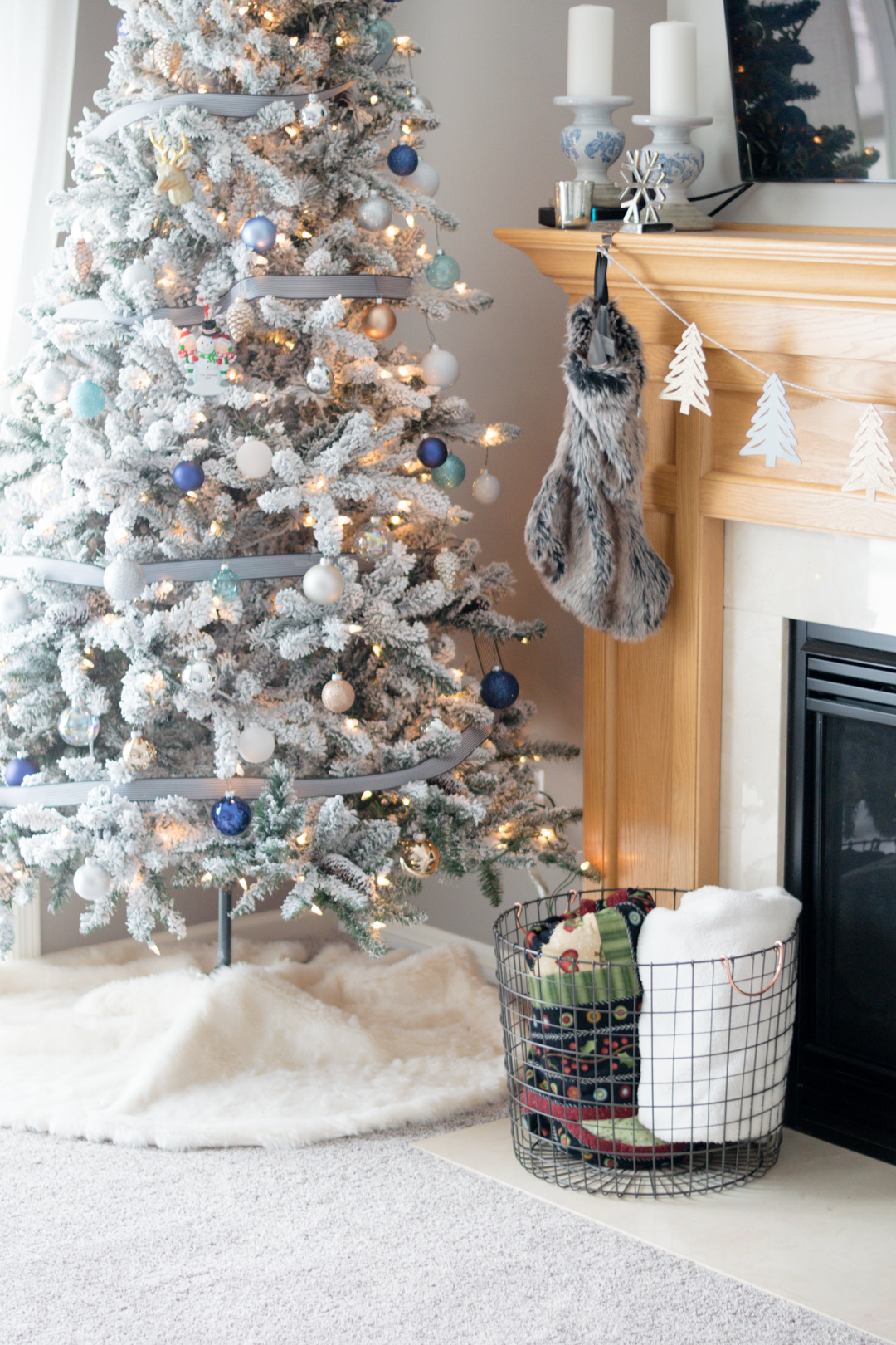 neutral flocked christmas tree, rose gold tree