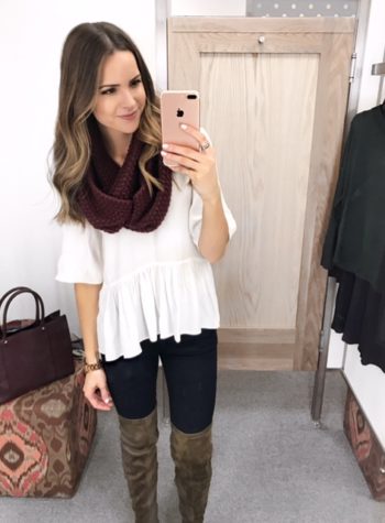 white peplum top, winter outfit 2016, knit infinity scarf, otk boots