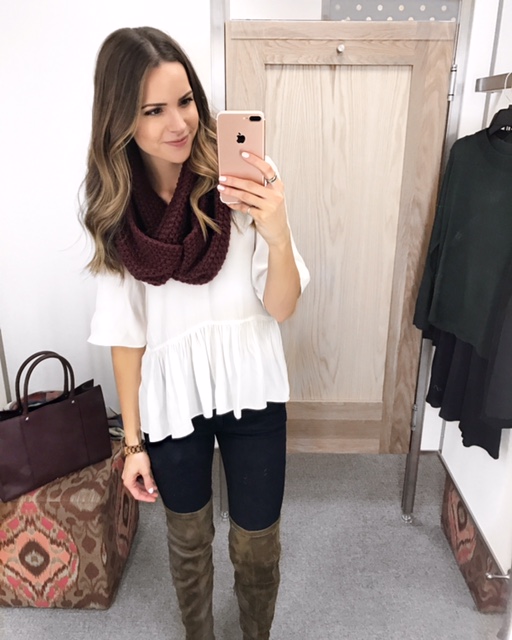 white peplum top, winter outfit 2016, knit infinity scarf, otk boots
