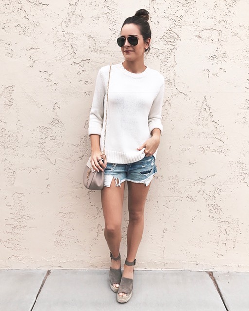 tory sport sweater, cut off denim shorts outfit, marc fisher adalyn wedges tan suede, chloe wedges dupe
