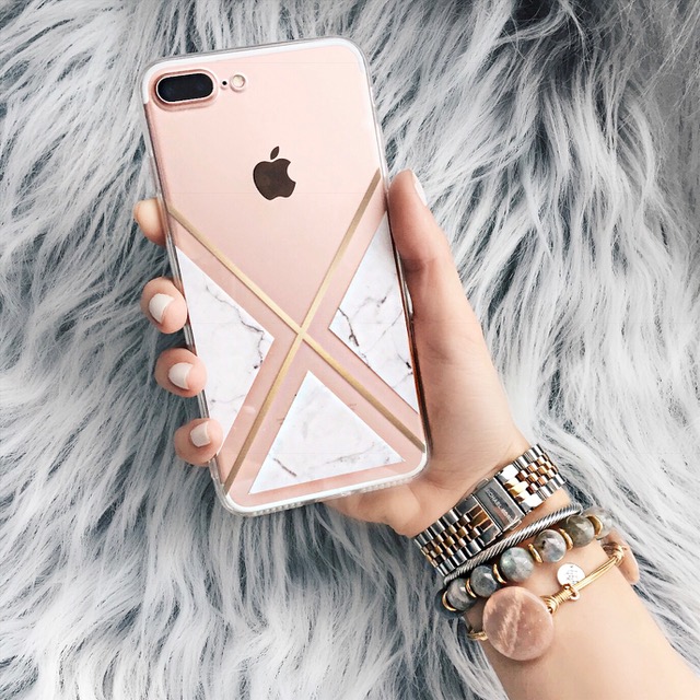 SkinIt Split Gold Marble iPhone Case, bourbon and boweties bracelet stack, rose gold iPhone 7 plus, pink iPhone 7