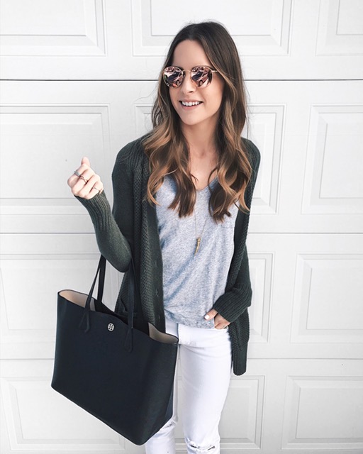 Instagram Recap, neutral spring outfit, white denim outfit in winter, black tory burch perry tote