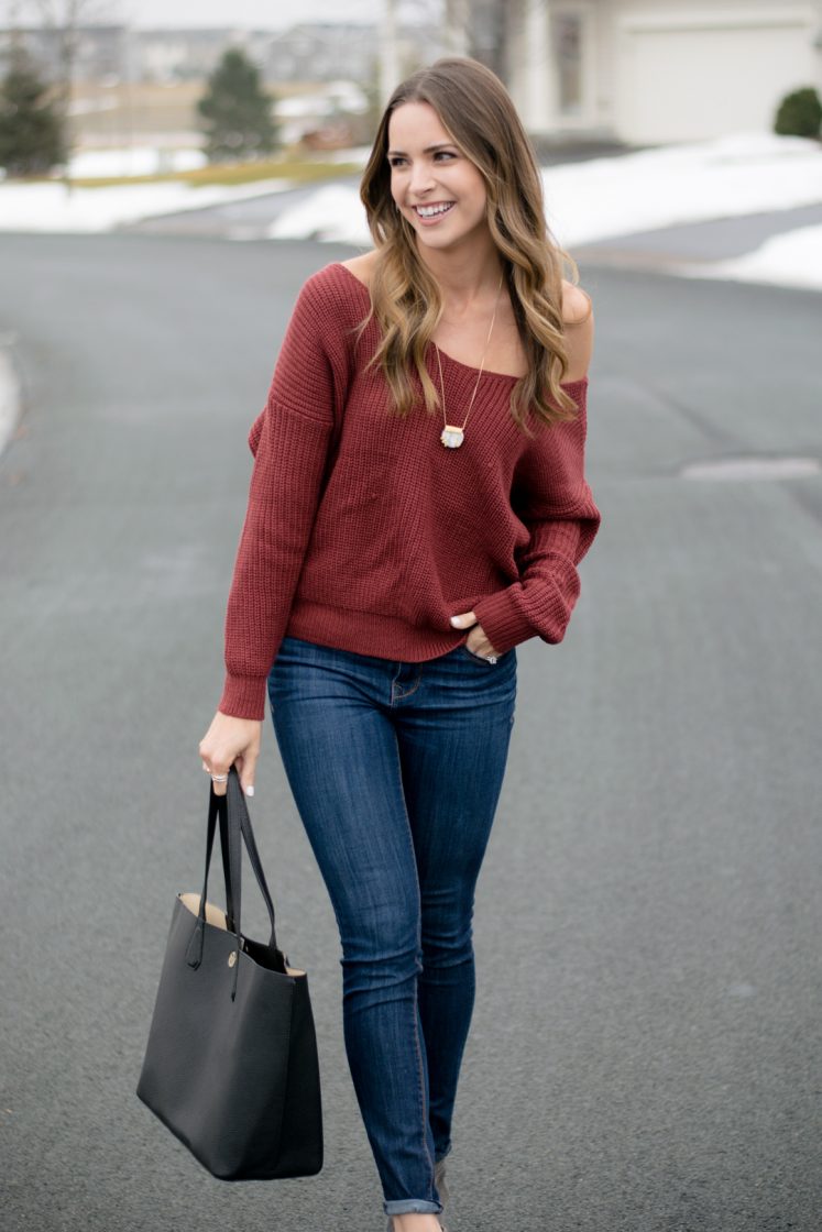 shein back twist sweater, express hi rise skinny jeans, tory burch perry tote black, vince camuto 