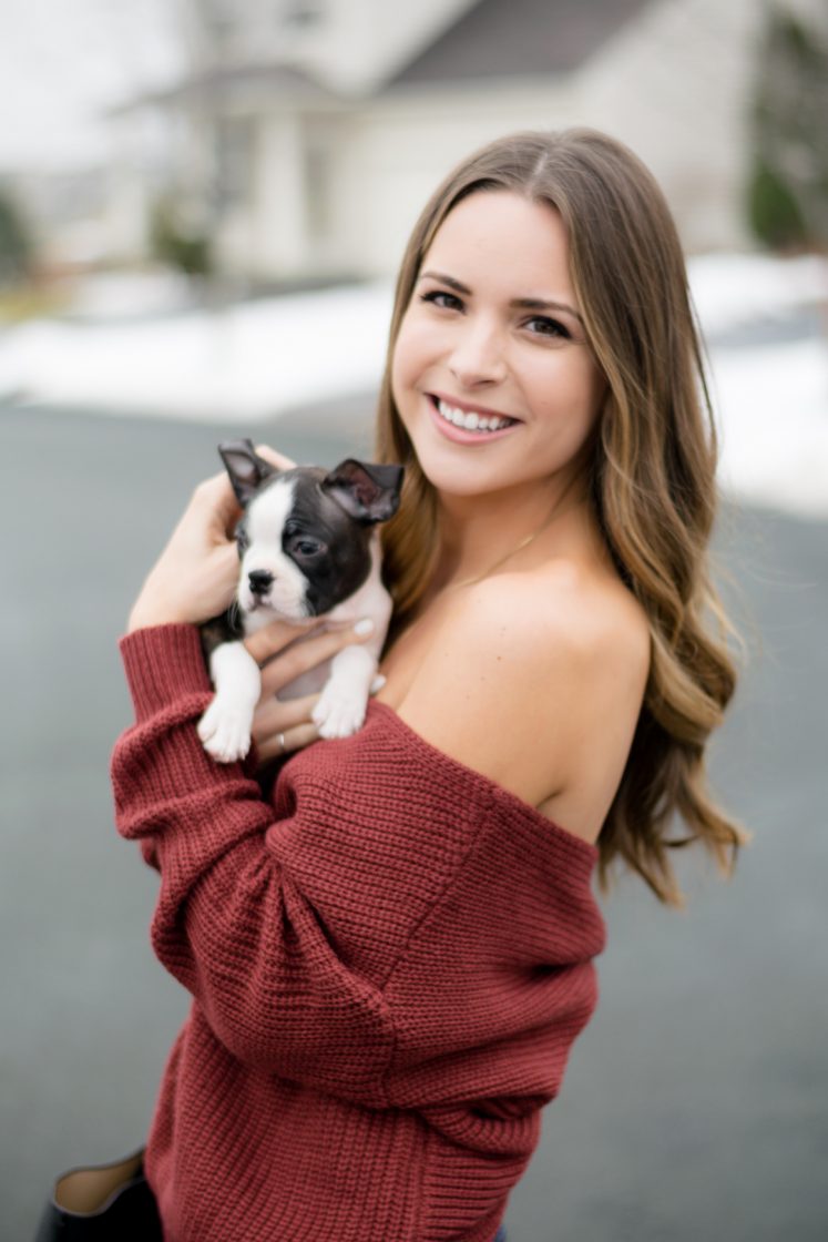 shein back twist sweater, off the shoulder sweater outfit, boston terrier puppy