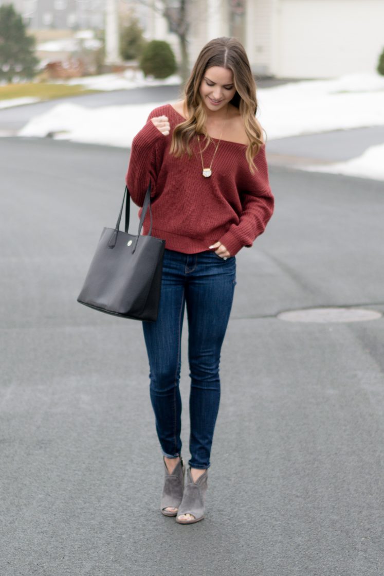 shein back twist sweater, express hi rise skinny jeans, tory burch perry tote black, vince camuto 